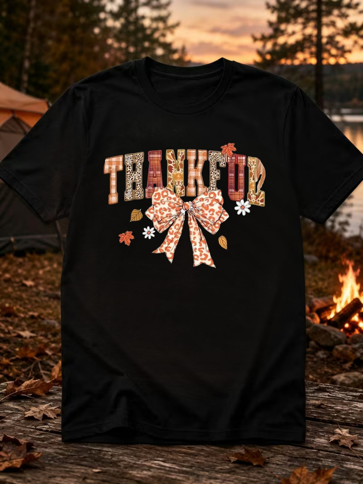 Men's Thanksgiving Pattern T Shirt Autumn Harvest Print with Leopard Bow And Floral Decoration Casual Round Neck Short Sleeve Machine Washable Regular Fit Essential for Autumn And Holidays