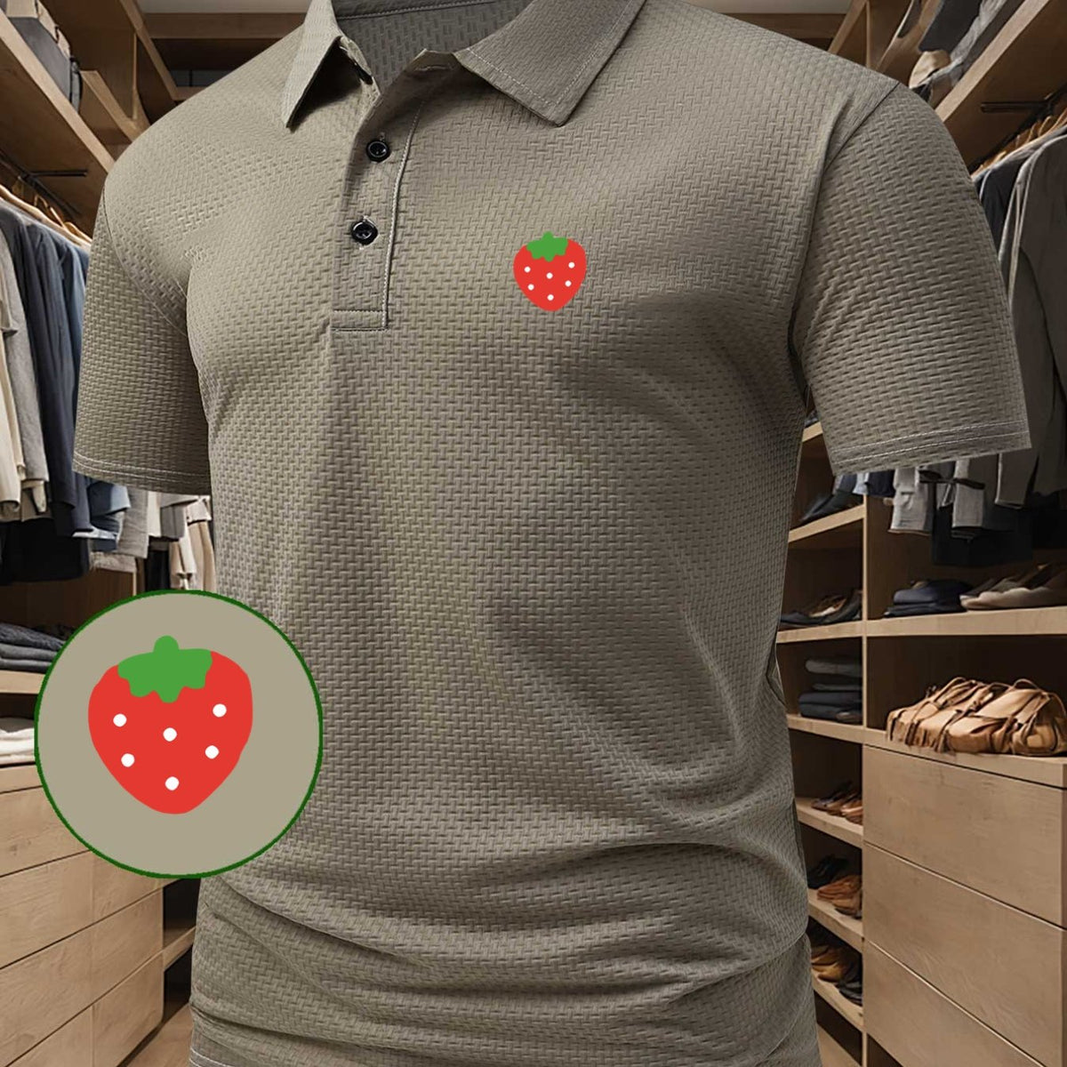 High-quality Men's Casual Polo Shirt with Strawberry Pattern Print, Sweat-wicking and Quick-drying Short-sleeve Top. Combines the Style of a T-shirt, Ideal for Gifting, Suitable for Both Business and Casual Wear