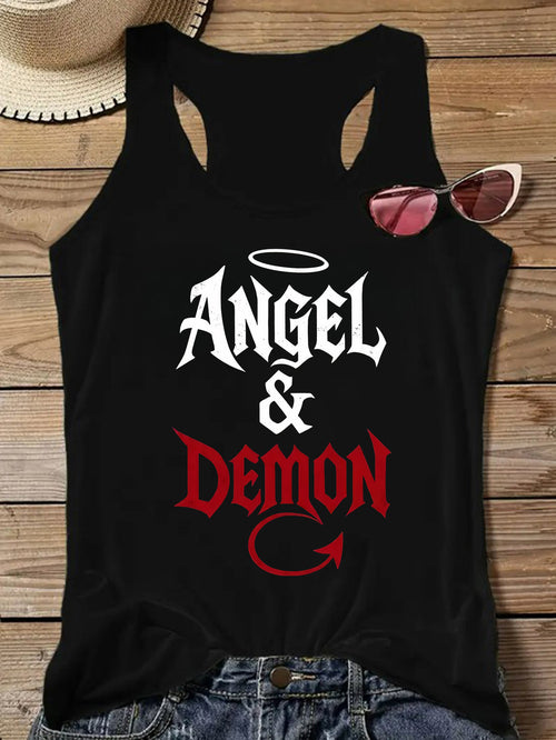 Angel Demon Pattern Print Sleeveless Tank Top, Fashionable Women's Summer Clothing Promotion, Cool Streetwear Top, Polyester Micro-Stretch Sleeveless Vest