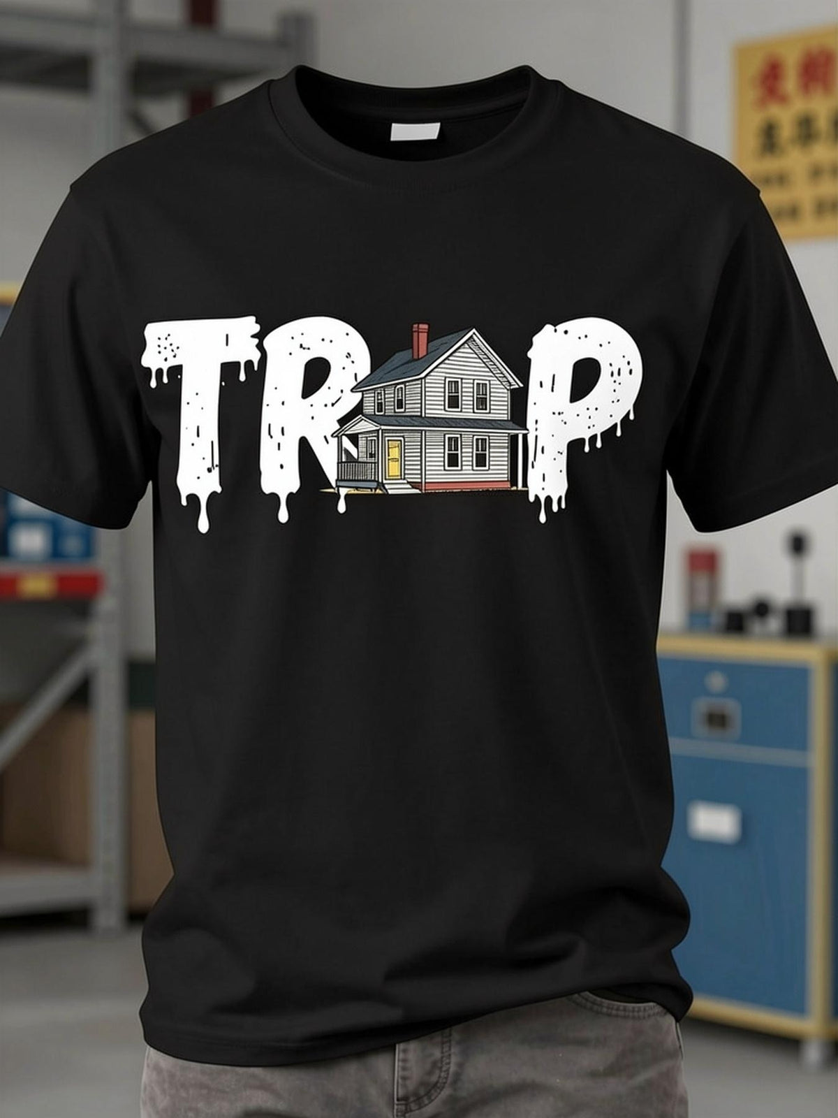 Men's Trap House T-Shirt - Bold TRAP Lettering & House Design Streetwear Tee, Hip-Hop Rap Music Outfit with Urban Crew Neck Top Suitable for Concerts, Festivals, Daily Wear, Machine Washable for Autumn\u002FWinter Season Attire