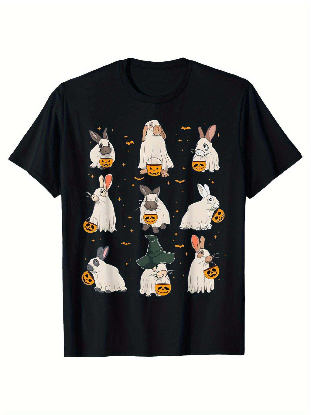 Stylish And Comfortable Graphic Tee Featuring a Soft Crew Neck And Short Sleeves, Perfect for Both Men And Women.This Adorable Halloween T-Shirt Showcases Nine Rabbits Alongside Jack O'Lanterns And Bats,