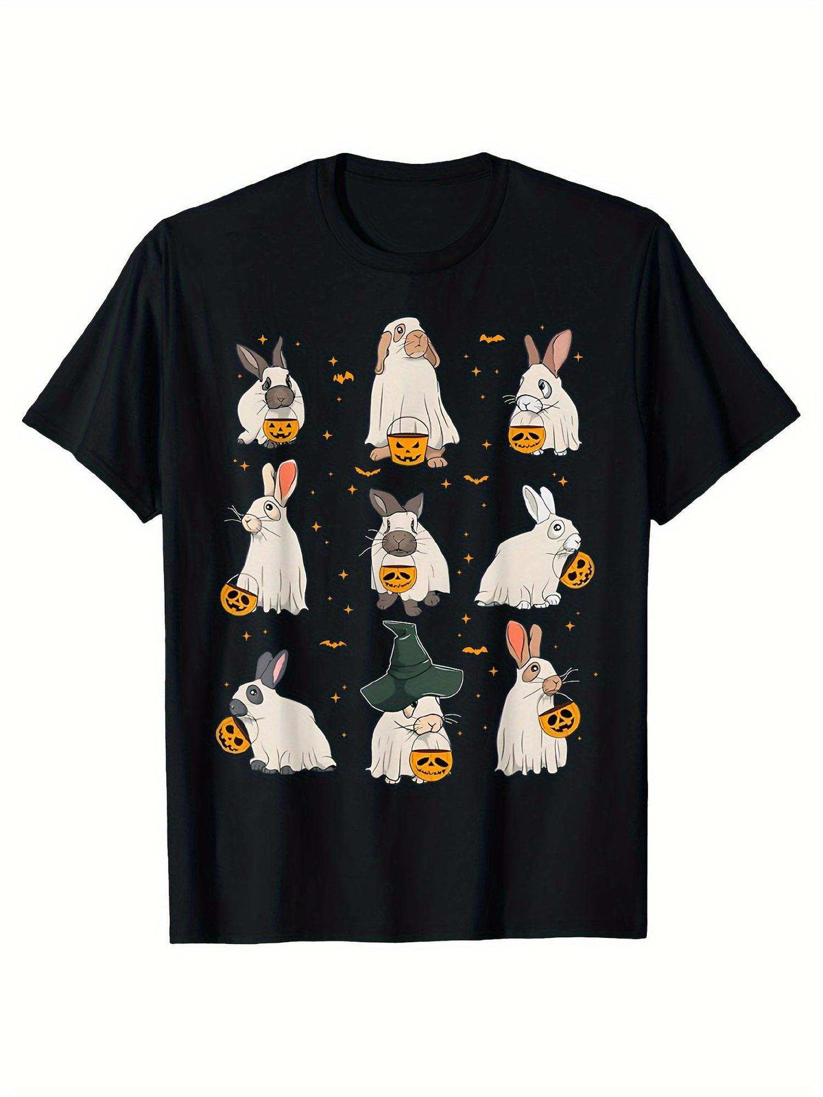 Stylish And Comfortable Graphic Tee Featuring a Soft Crew Neck And Short Sleeves, Perfect for Both Men And Women.This Adorable Halloween T-Shirt Showcases Nine Rabbits Alongside Jack O'Lanterns And Bats,