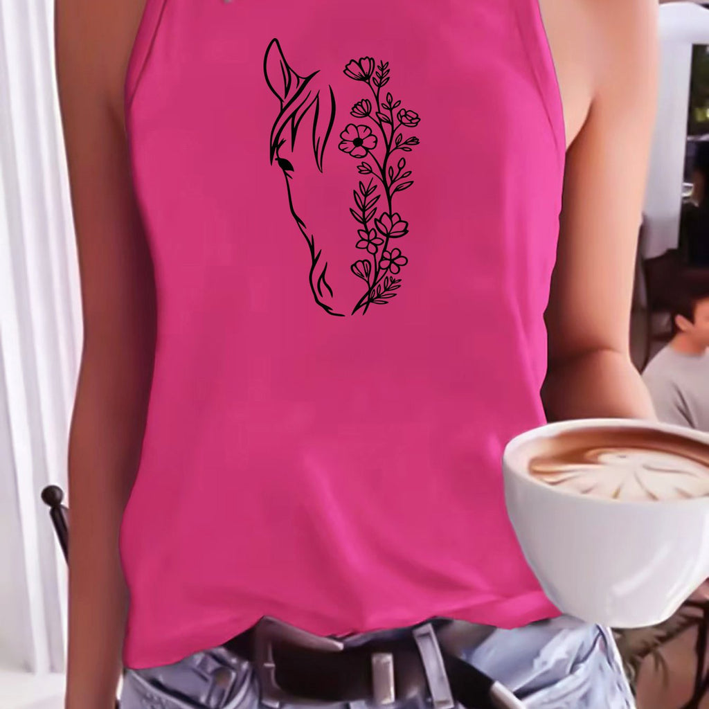 Women's Horse Head Line Art Print Sleeveless Tank Top - Minimalist Cowboy Cactus Sunflower Vest, Round Neck Summer Blouse Top, Machine Washable Casual Streetwear Suitable for Horse Riding & Casual Attire