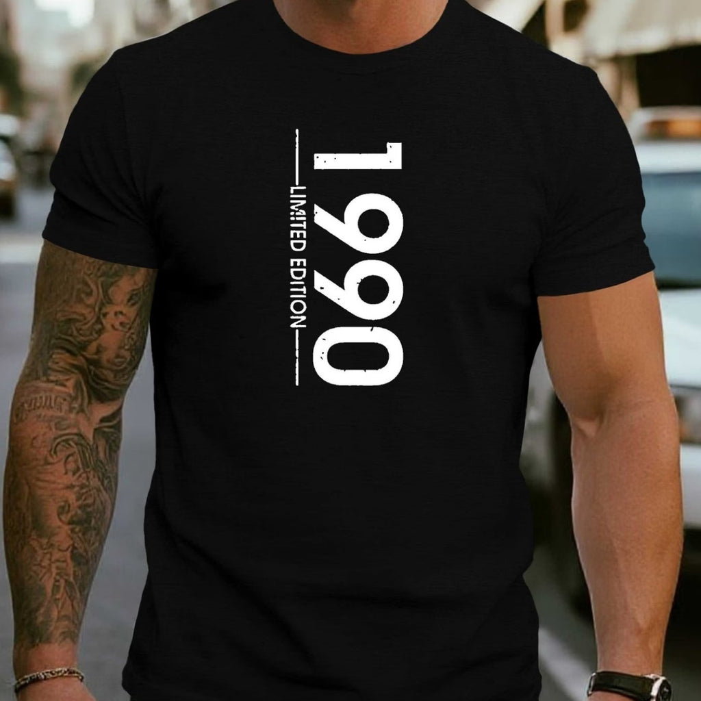 Men's 1990 Limited Edition Graphic T-Shirt- Casual Street Style, Soft and Breathable, 100% Fiber, Classic Crew Neck, Short-sleeved Summer T-shirt, Trendy Urban Fashion