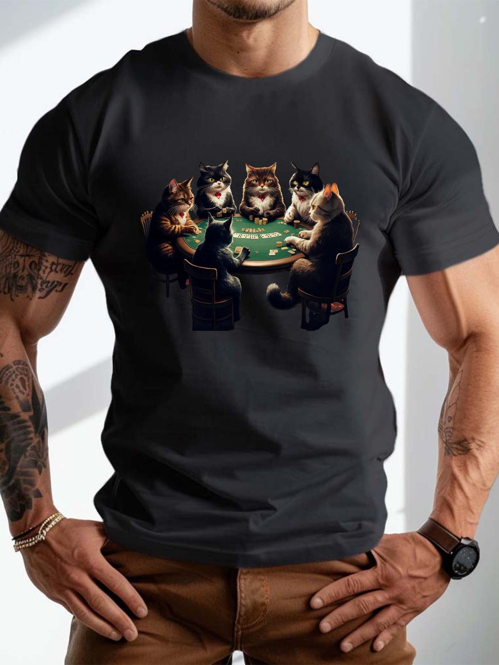 Plus Size Men'S T-Shirt - Playful Anthropomorphic Cats Playing Poker Graphic, Casual Crew Neck, Short Sleeve, Summer Regular Fit Tee, Plus Size Tshirts, PLUS SIZE
