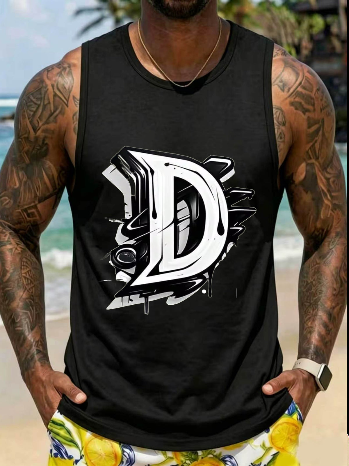 Gym Workout Fitness Casual Summer WearBold Graffiti Style Letter D with Dynamic Splash and Stroke Details Design01.Beach Vacation Summer Holiday Leisure