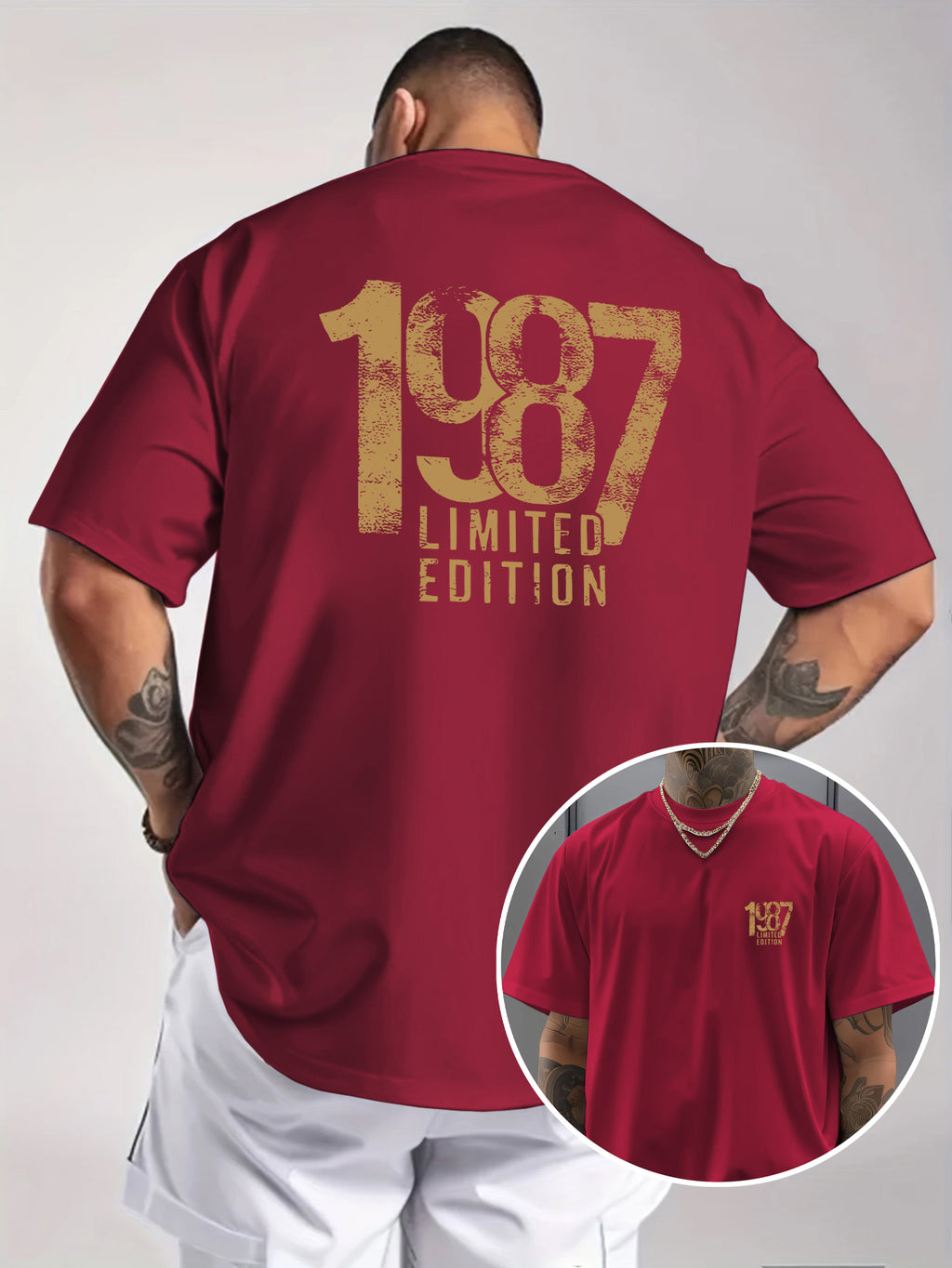 Men'S Trendy Round Neck T-Shirt, Casual Daily Short Sleeve Tee, 1987 Number And Letter Print T-Shirt, As a Gift