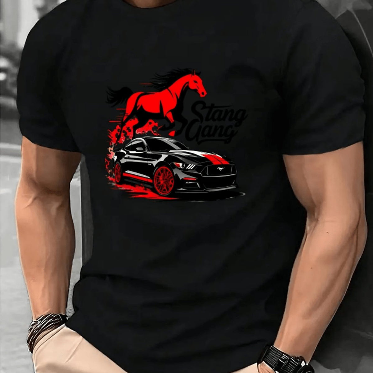 Men's Vintage Hip-Hop T-Shirt - Soft Breathable Crew Neck Short Sleeve Shirt with Retro Car & Horse Themed Graphics, Suitable for Summer Parties, Casual Wear, Machine Washable Regular Fit Male Fashion