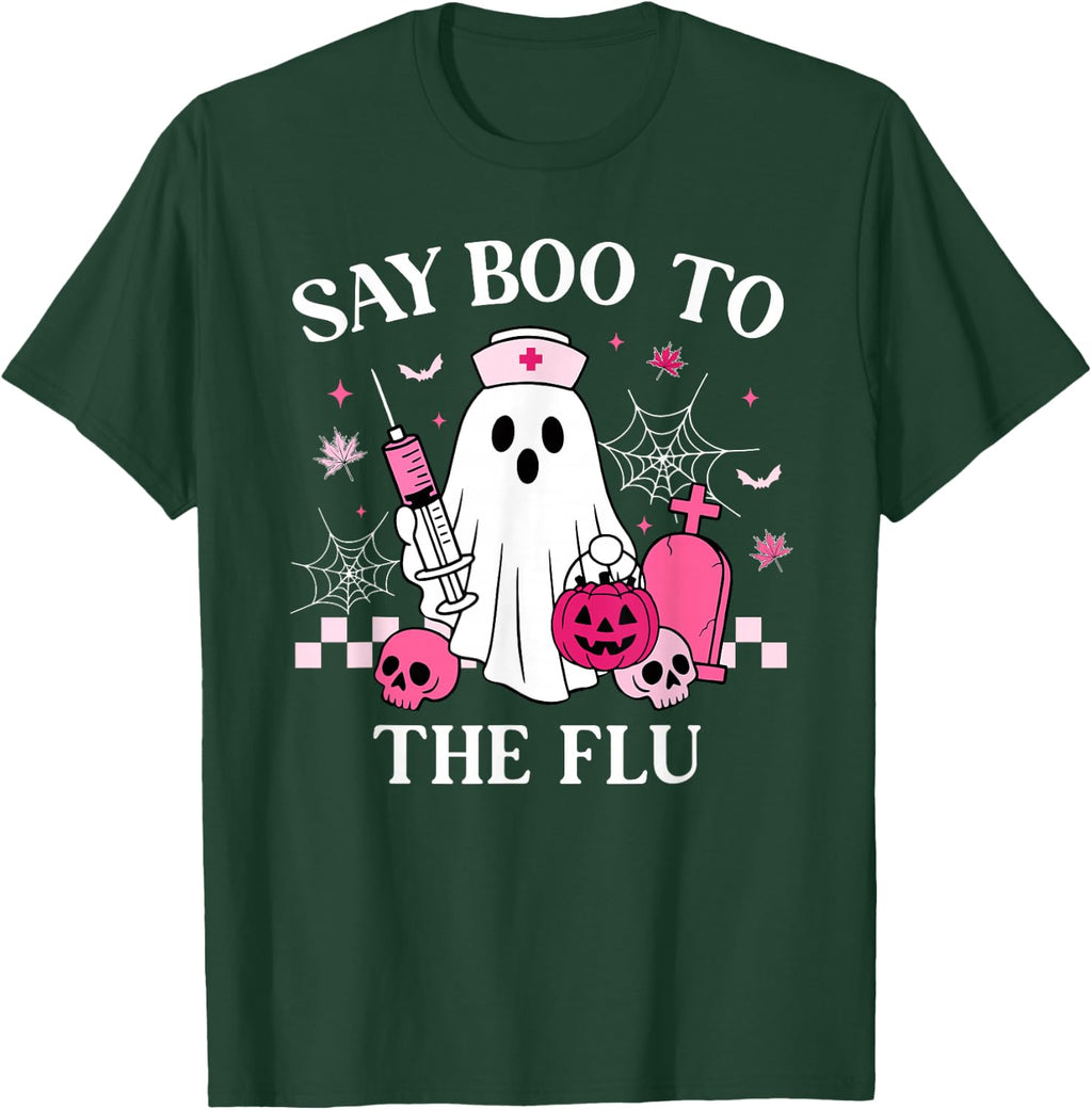 Say Boo to The Flu Funny Nurse Ghost Halloween Vaccine T-Shirt