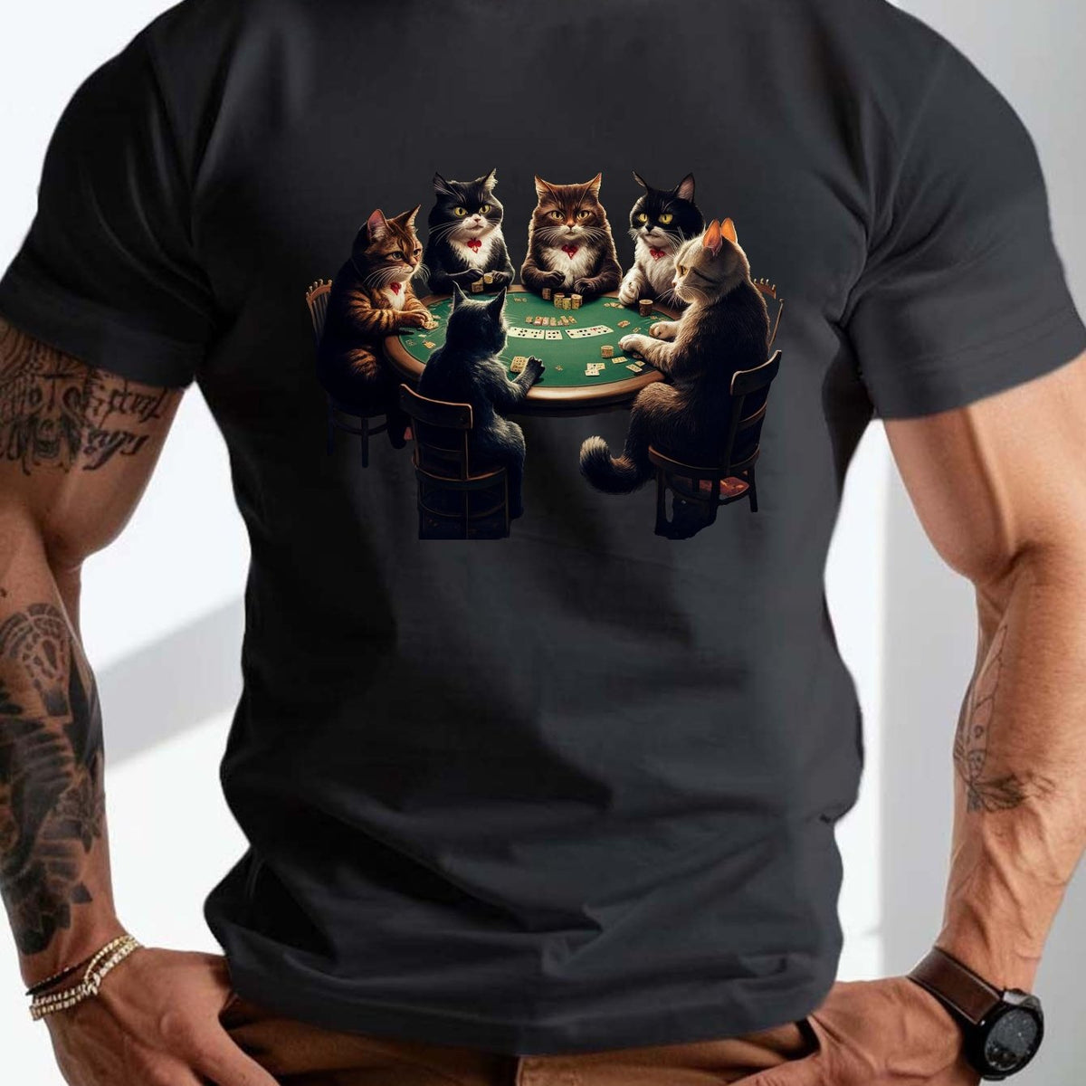 Plus Size Men'S T-Shirt - Playful Anthropomorphic Cats Playing Poker Graphic, Casual Crew Neck, Short Sleeve, Summer Regular Fit Tee, Plus Size Tshirts, PLUS SIZE
