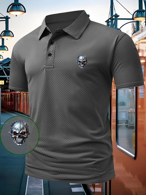 1pc Skull Pattern Print Polo Shirt, Short Sleeve Lightweight Performance Style T-Shirt, Casual Athletic Stretch Comfortable Shirt
