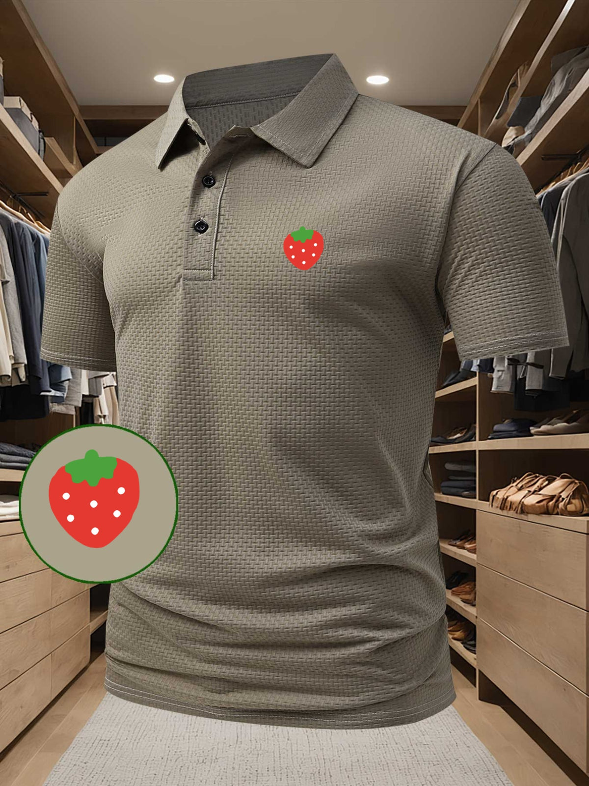 High-quality Men's Casual Polo Shirt with Strawberry Pattern Print, Sweat-wicking and Quick-drying Short-sleeve Top. Combines the Style of a T-shirt, Ideal for Gifting, Suitable for Both Business and Casual Wear