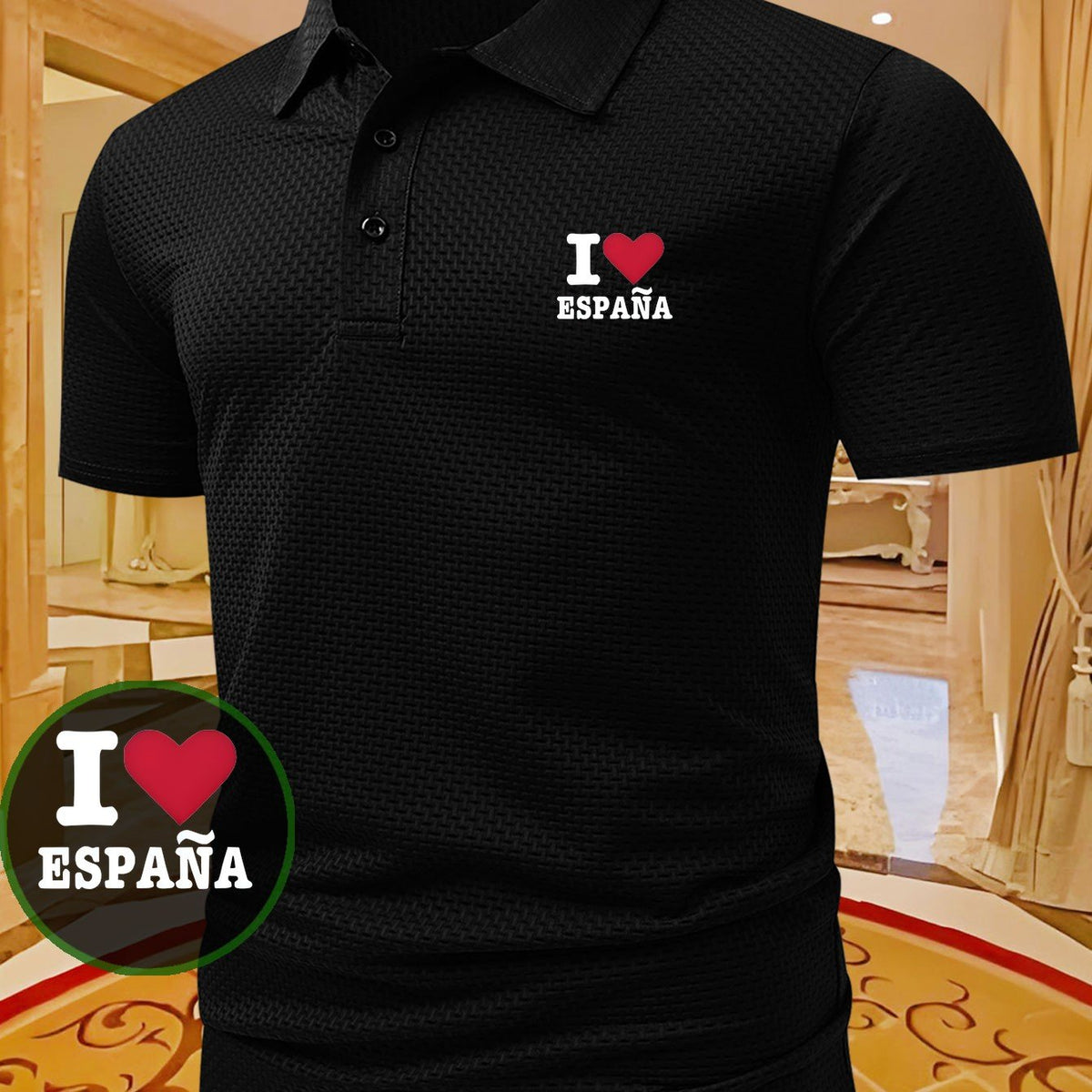 I Love Spain Letter Print Men's Trendy Casual Polo Shirt, Classic Pattern Print T-Shirt, Lapel Plaid Top Style, Versatile and Stylish, Suitable for Both Business and Casual Wear, Ideal Holiday Gift Choice