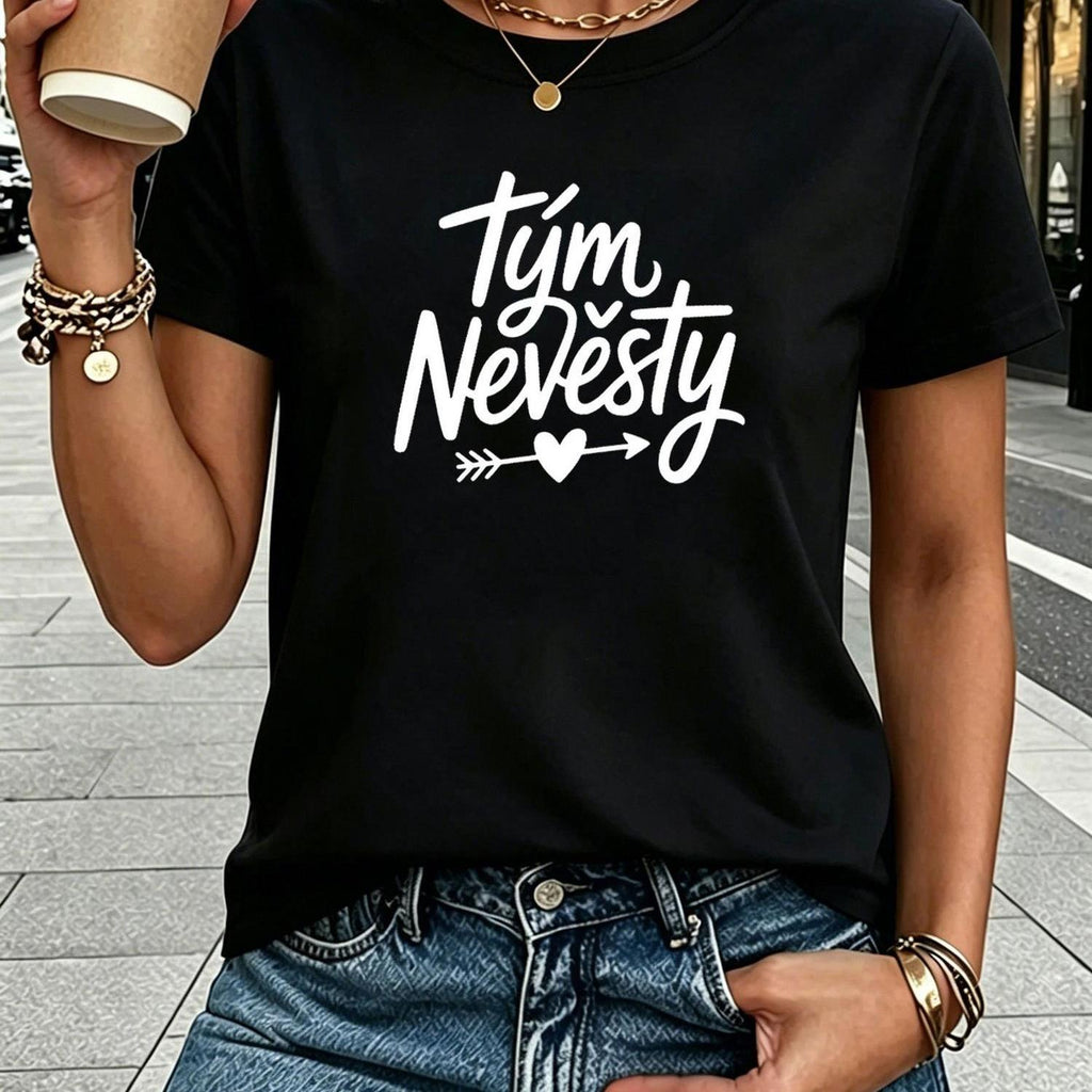- - Slovak Bride'S Team Wedding Letter Print Women'S T-Shirt, Short Sleeve Crew Neck Casual Top for Summer And Spring, Women'S Clothing