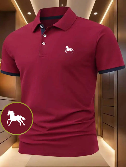 Casual Polo Shirt with a Running Horse Pattern, Popular Men'S Top, Summer Short-Sleeve Shirt, Trendy Summer Men'S Polo, Collared T-Shirt Style, Refreshing Design, Versatile Top for Various Occasions