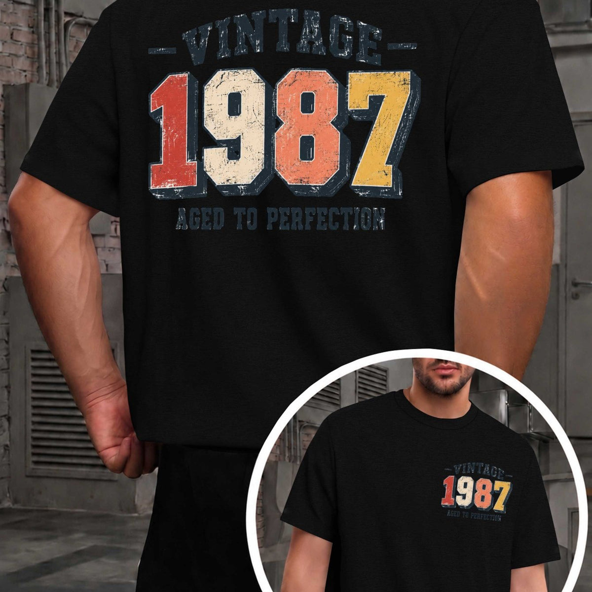 Men's Vintage 1987 Retro T-Shirt - Aged Authentic with Original Markings, Round Neck Casual Fit Suitable for - Wear, Machine Washable Style for Everyday & Themed Events