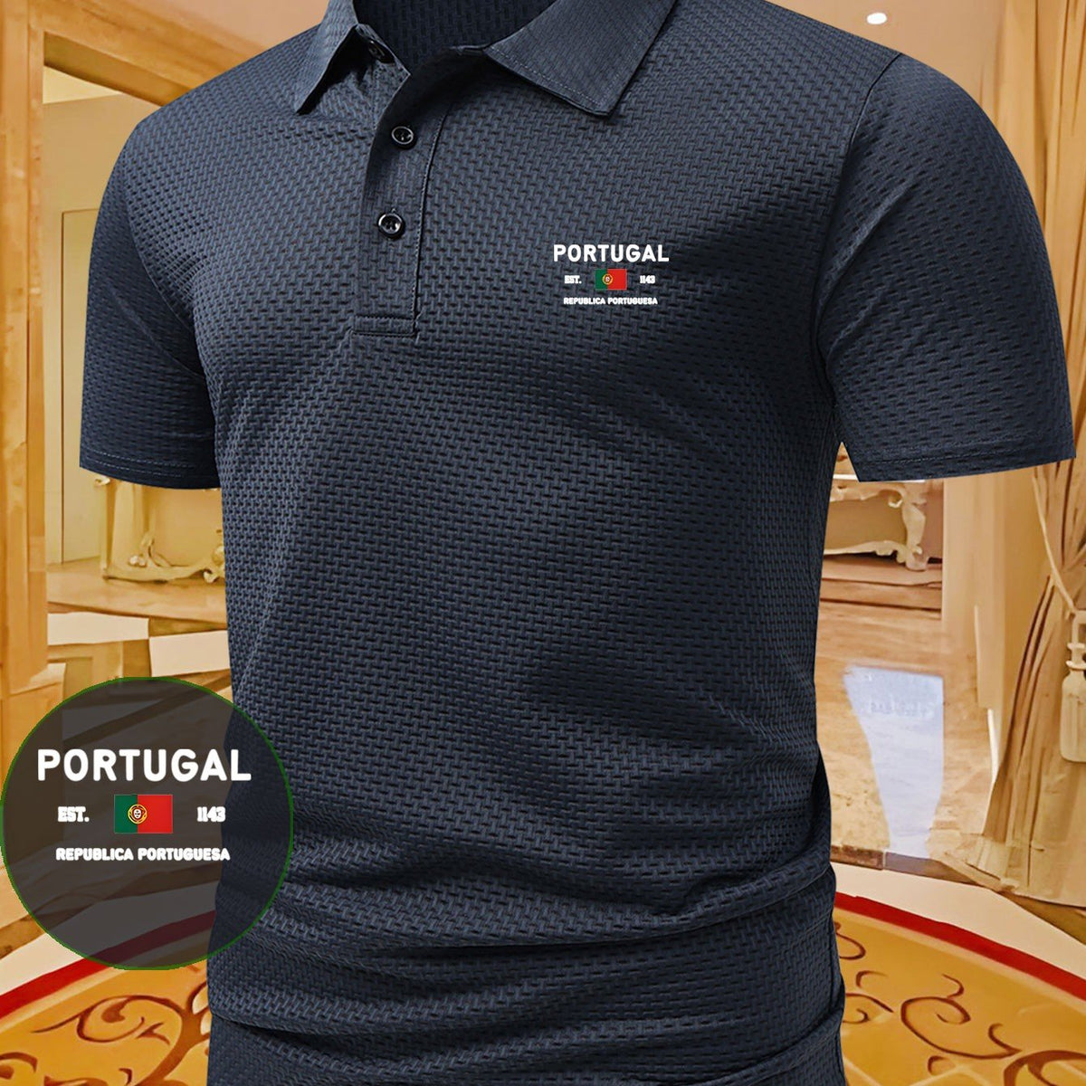 PORTUGAL Letter Pattern Men's Printed Polo Shirt, Short-Sleeve Lightweight Performance T-Shirt, Casual Sporty Style Stretchy Comfortable Plaid Top
