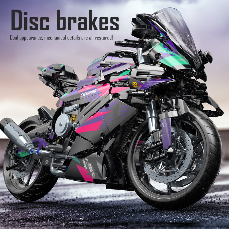 2062 pieces of super cool 1:5 mechanical motorcycle building blocks, full of cyberpunk style, exquisite details, full of mechanical texture, immersive experience of assembly fun, creating a cool desktop scenery.