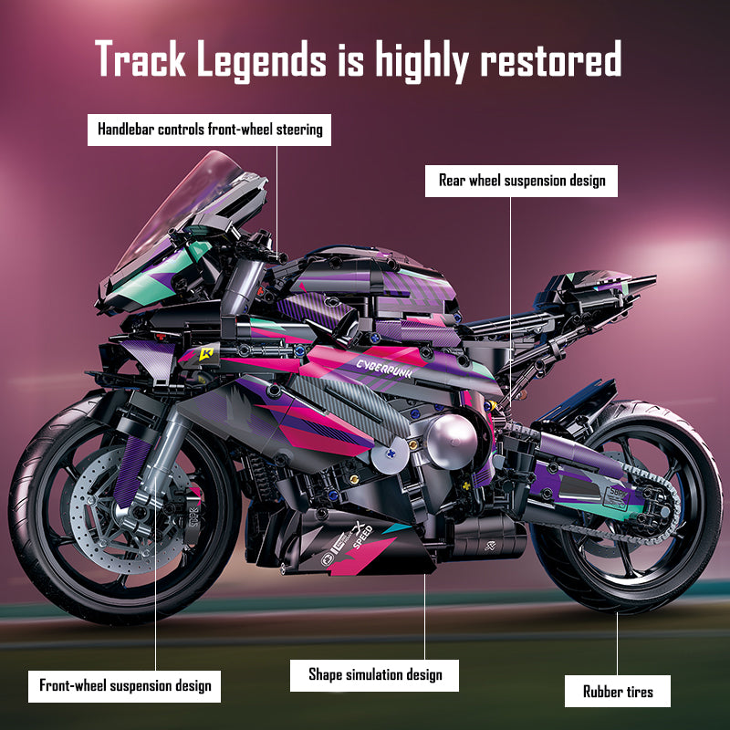 2062 pieces of super cool 1:5 mechanical motorcycle building blocks, full of cyberpunk style, exquisite details, full of mechanical texture, immersive experience of assembly fun, creating a cool desktop scenery.