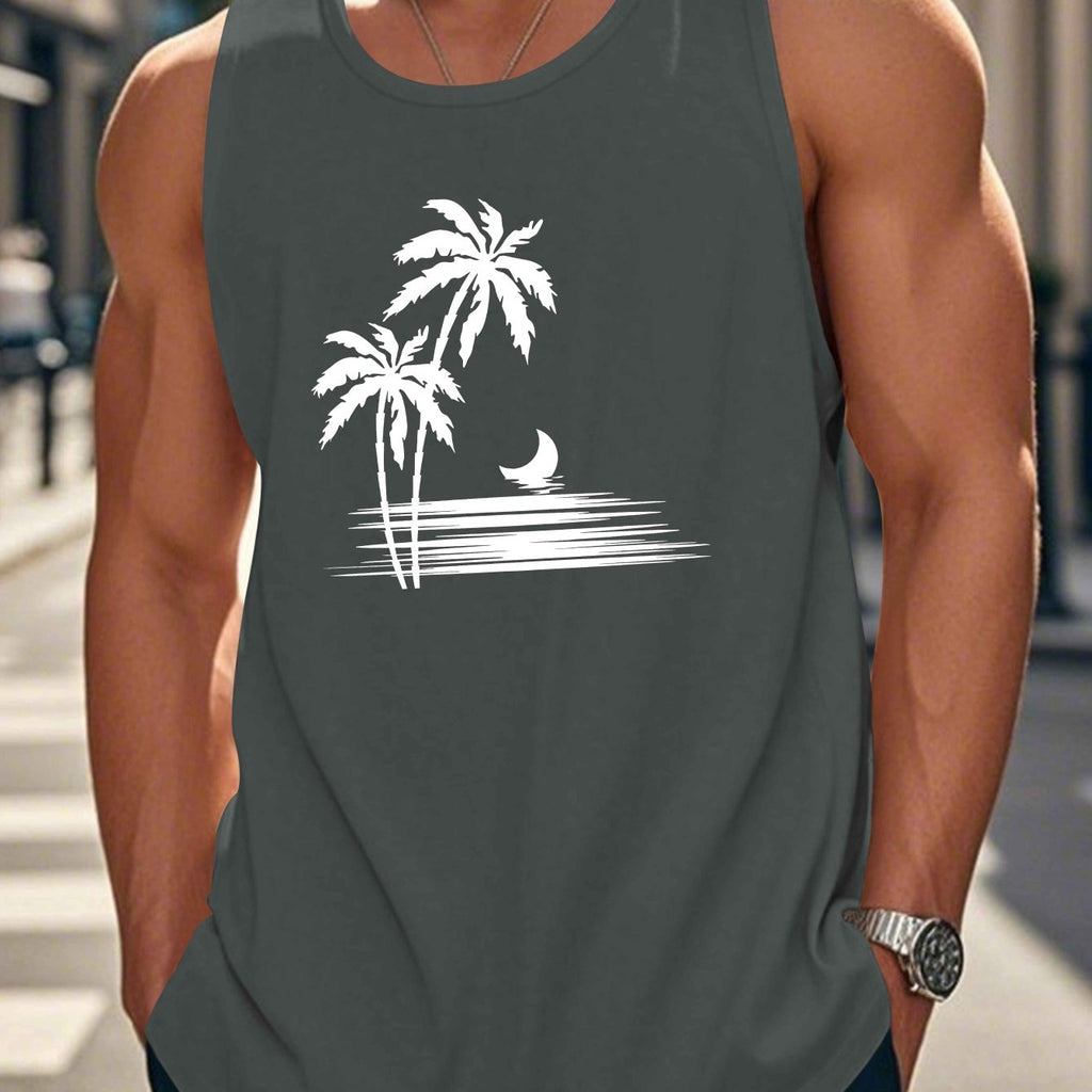 Coconut Tree Moon Men's Casual Summer Vest - Maroon Geometric Palm Tree & Moon Print, Lightweight Breathable Fabric, Regular Fit, Machine Washable, Warm Weather Clothing, Beach Apparel, Tropical Print, Easycare Clothing