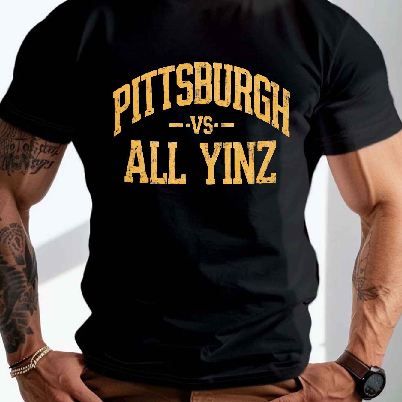 DO IT PITTSBURGH ALL YINZ Crinkle T-Shirt for Men - Plus Size Casual Summer Shirt with Pittsburgh Slang, Round Neck & Crinkle Texture, Machine Washable Urban Streetwear, PLUS SIZE