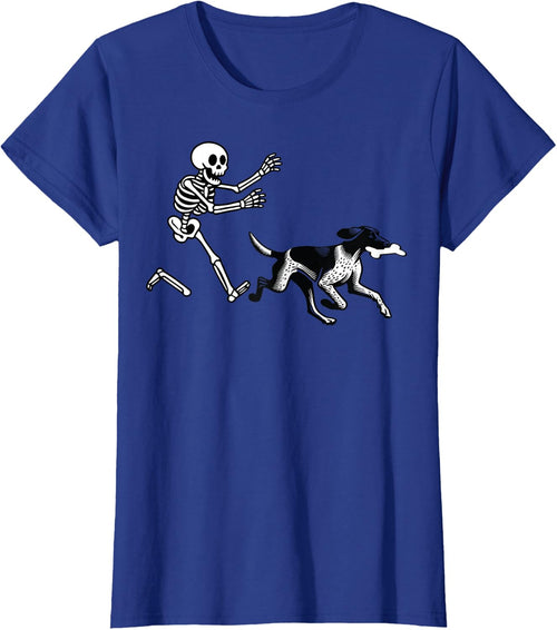 Women Halloween Dog Lover T Shirt, Retro Skeleton Chasing Dog Holding Bone Graphic Tee, Soft Cotton Fall Short Sleeve Novelty Shirt