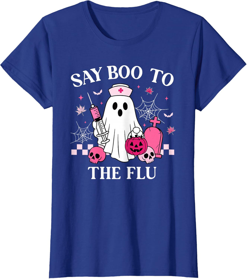 Say Boo to The Flu Funny Nurse Ghost Halloween Vaccine T-Shirt
