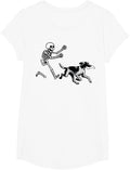Women Halloween Dog Lover T Shirt, Retro Skeleton Chasing Dog Holding Bone Graphic Tee, Soft Cotton Fall Short Sleeve Novelty Shirt