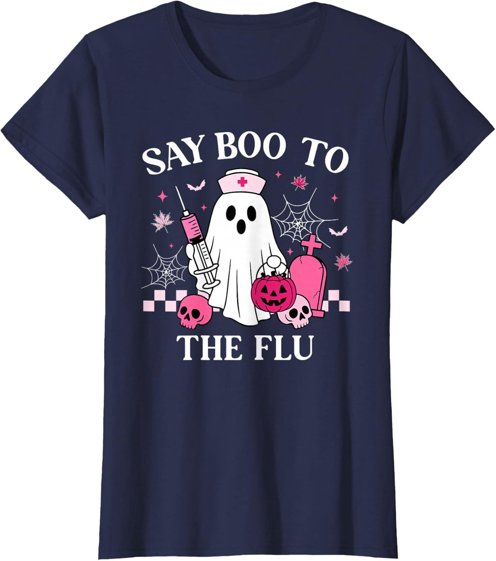 Say Boo to The Flu Funny Nurse Ghost Halloween Vaccine T-Shirt