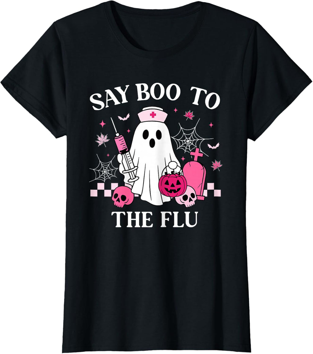 Say Boo to The Flu Funny Nurse Ghost Halloween Vaccine T-Shirt