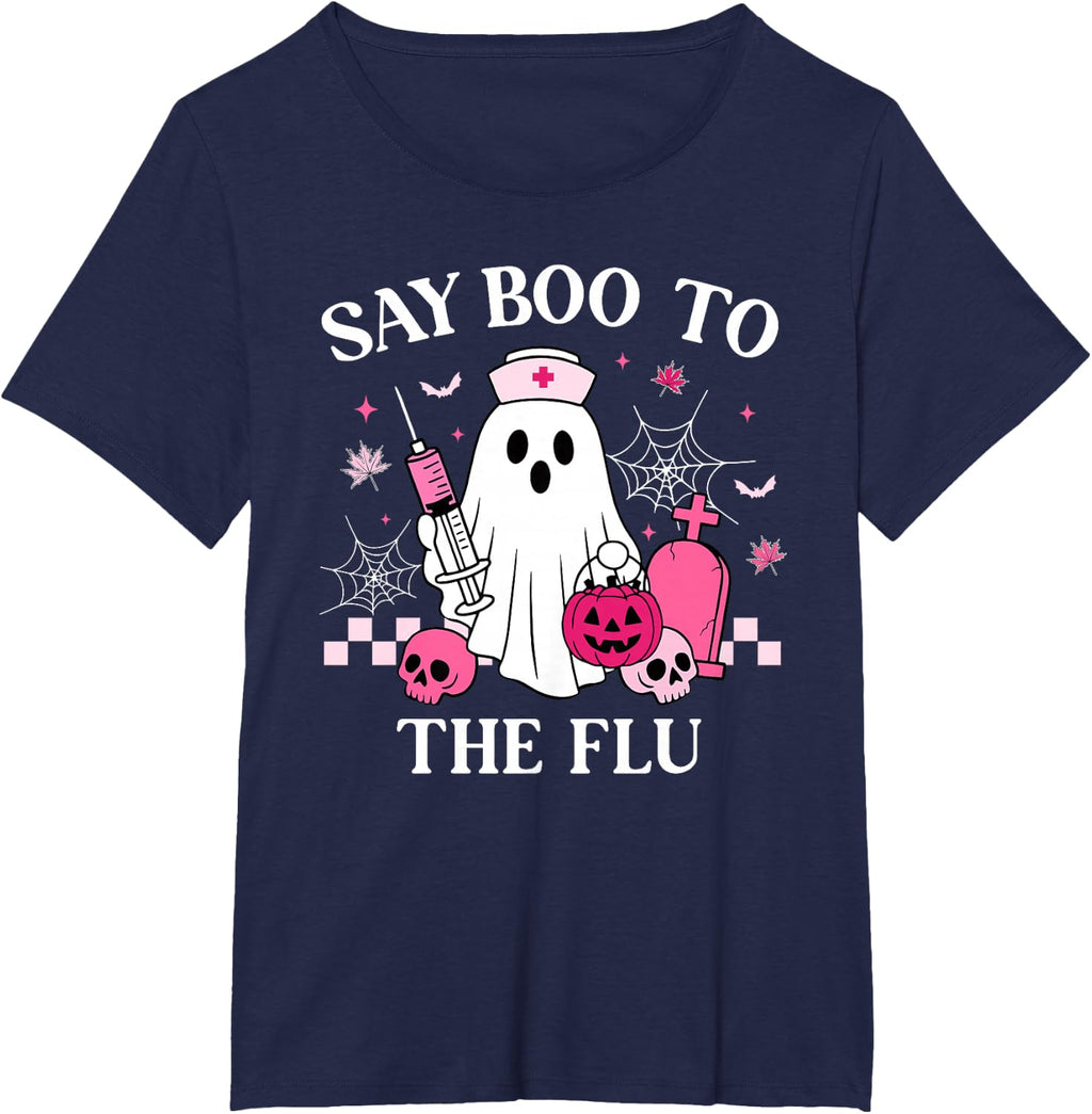 Say Boo to The Flu Funny Nurse Ghost Halloween Vaccine T-Shirt