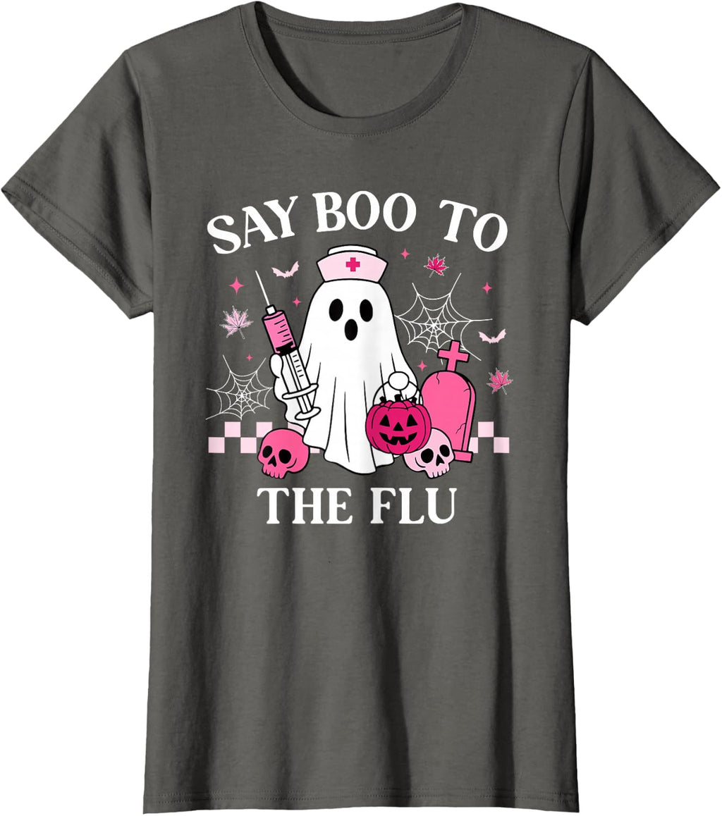 Say Boo to The Flu Funny Nurse Ghost Halloween Vaccine T-Shirt