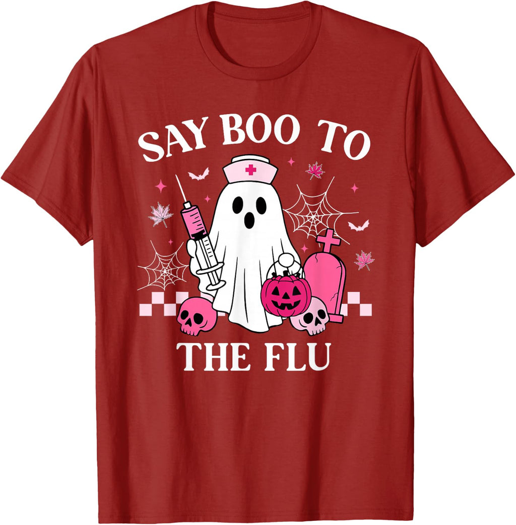 Say Boo to The Flu Funny Nurse Ghost Halloween Vaccine T-Shirt