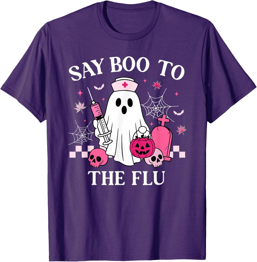 Say Boo to The Flu Funny Nurse Ghost Halloween Vaccine T-Shirt
