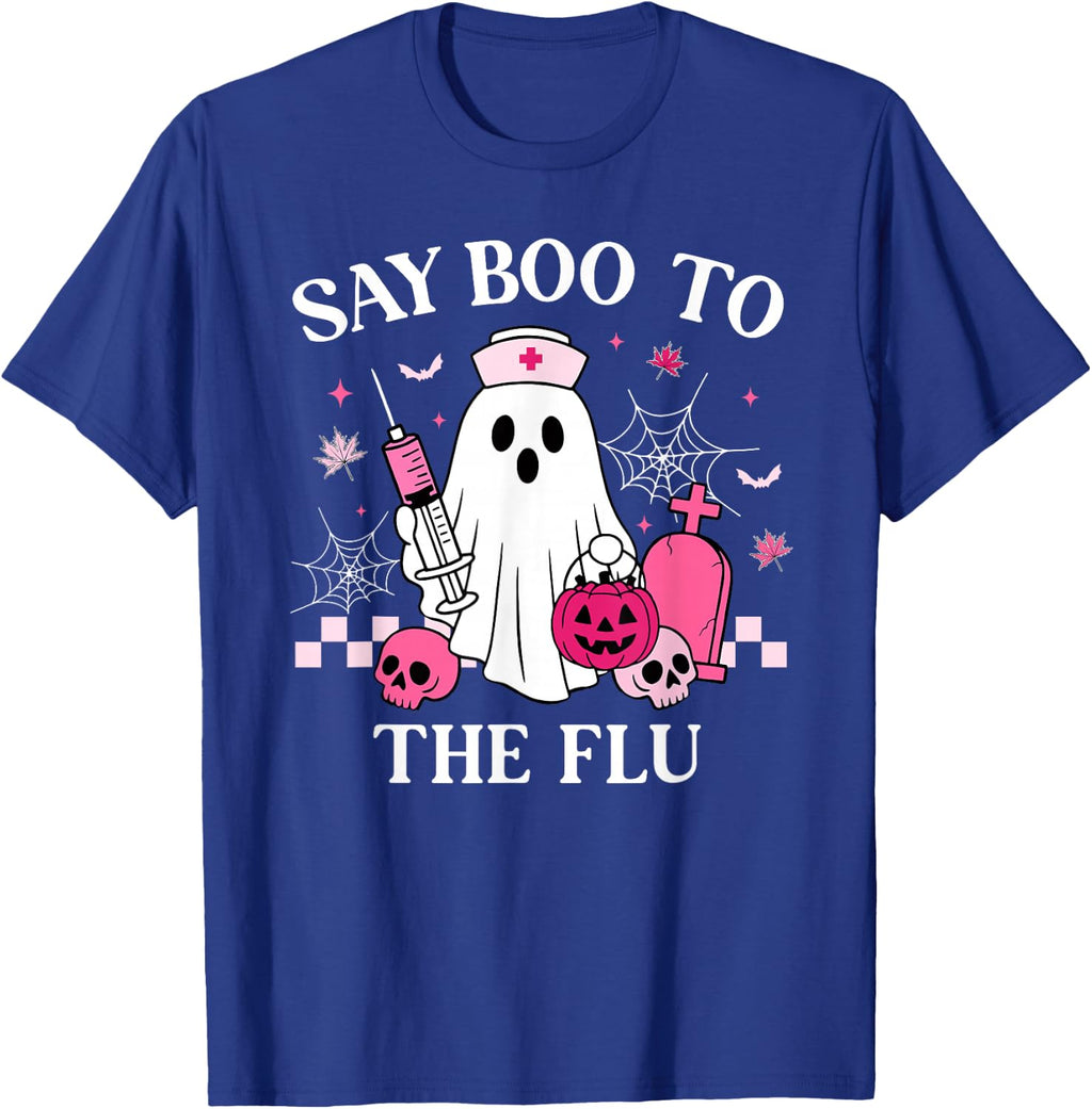 Say Boo to The Flu Funny Nurse Ghost Halloween Vaccine T-Shirt