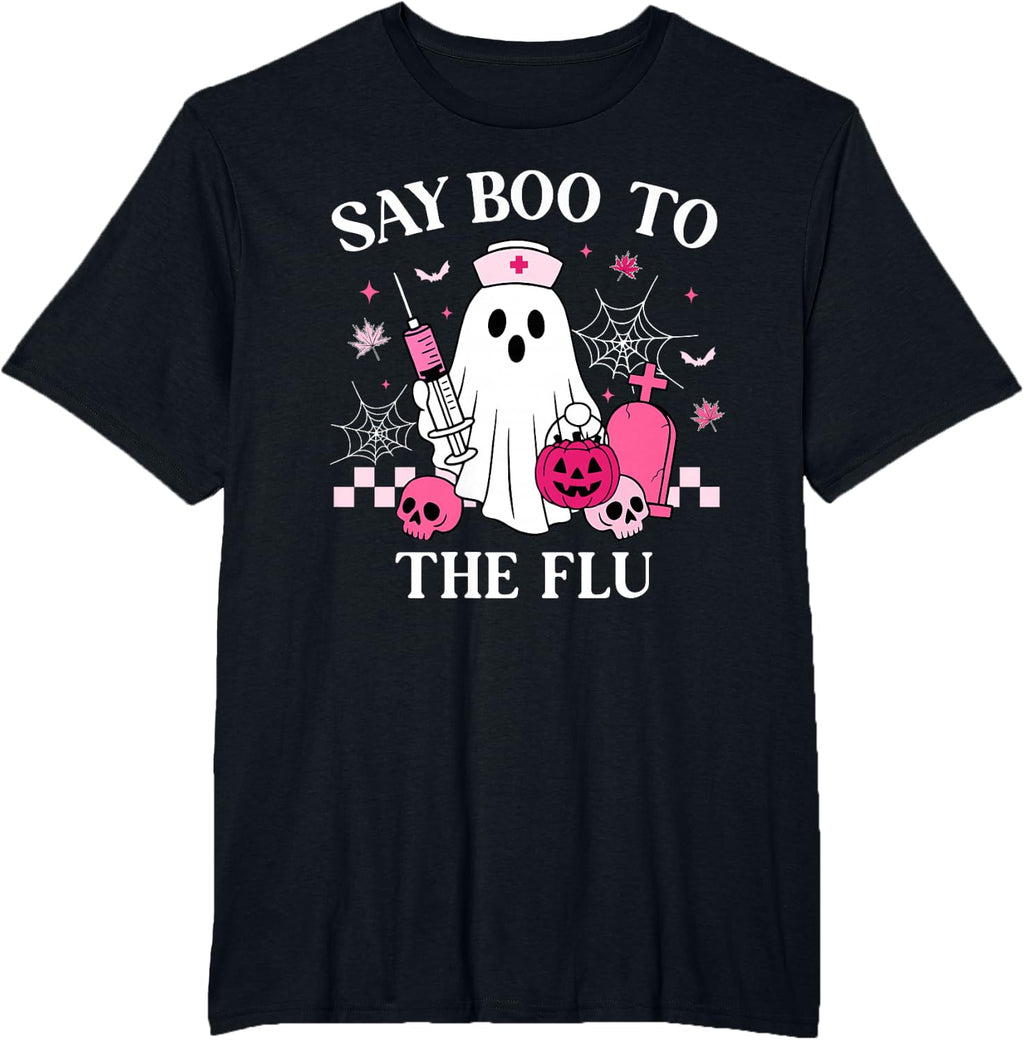 Say Boo to The Flu Funny Nurse Ghost Halloween Vaccine T-Shirt