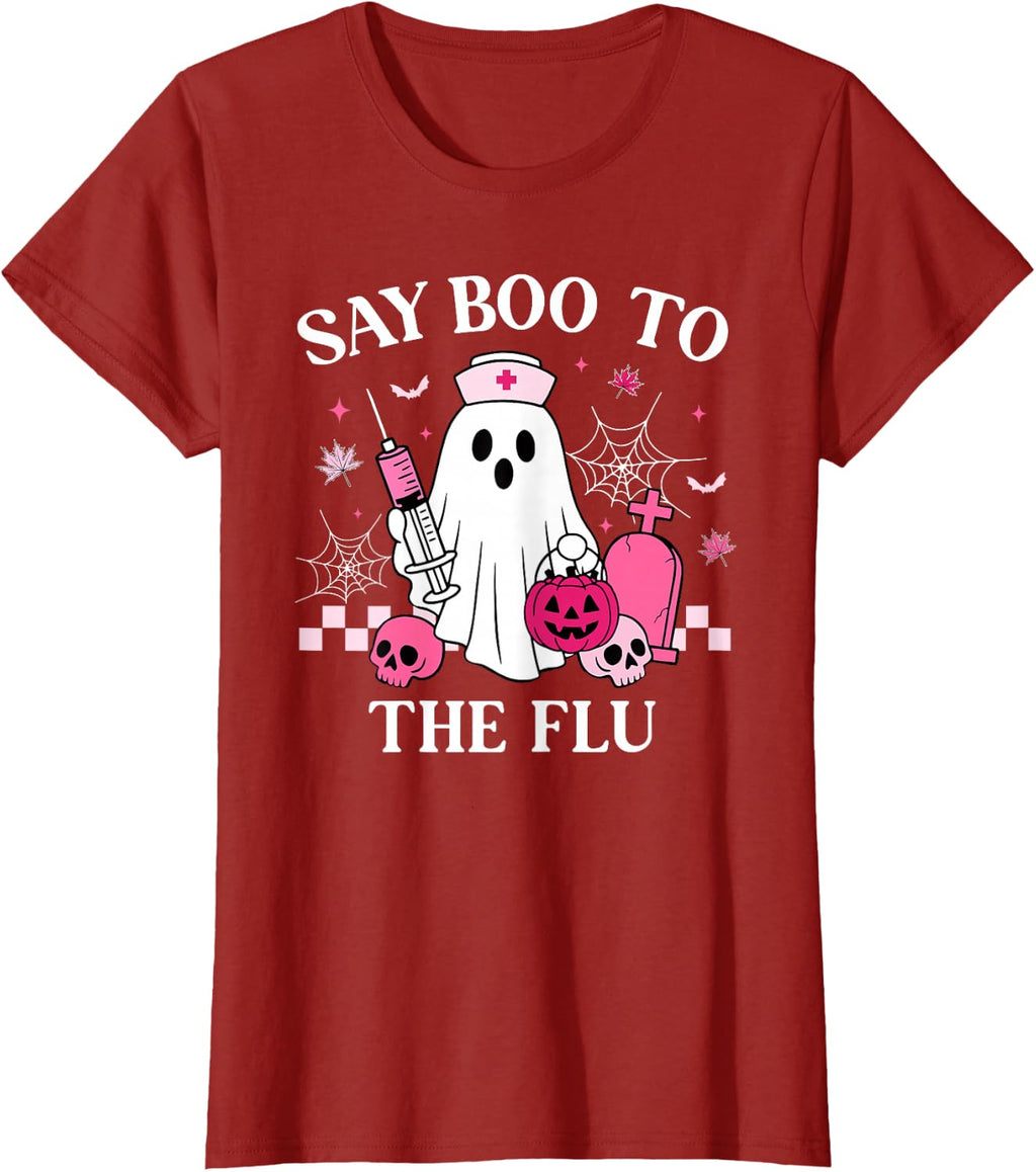 Say Boo to The Flu Funny Nurse Ghost Halloween Vaccine T-Shirt