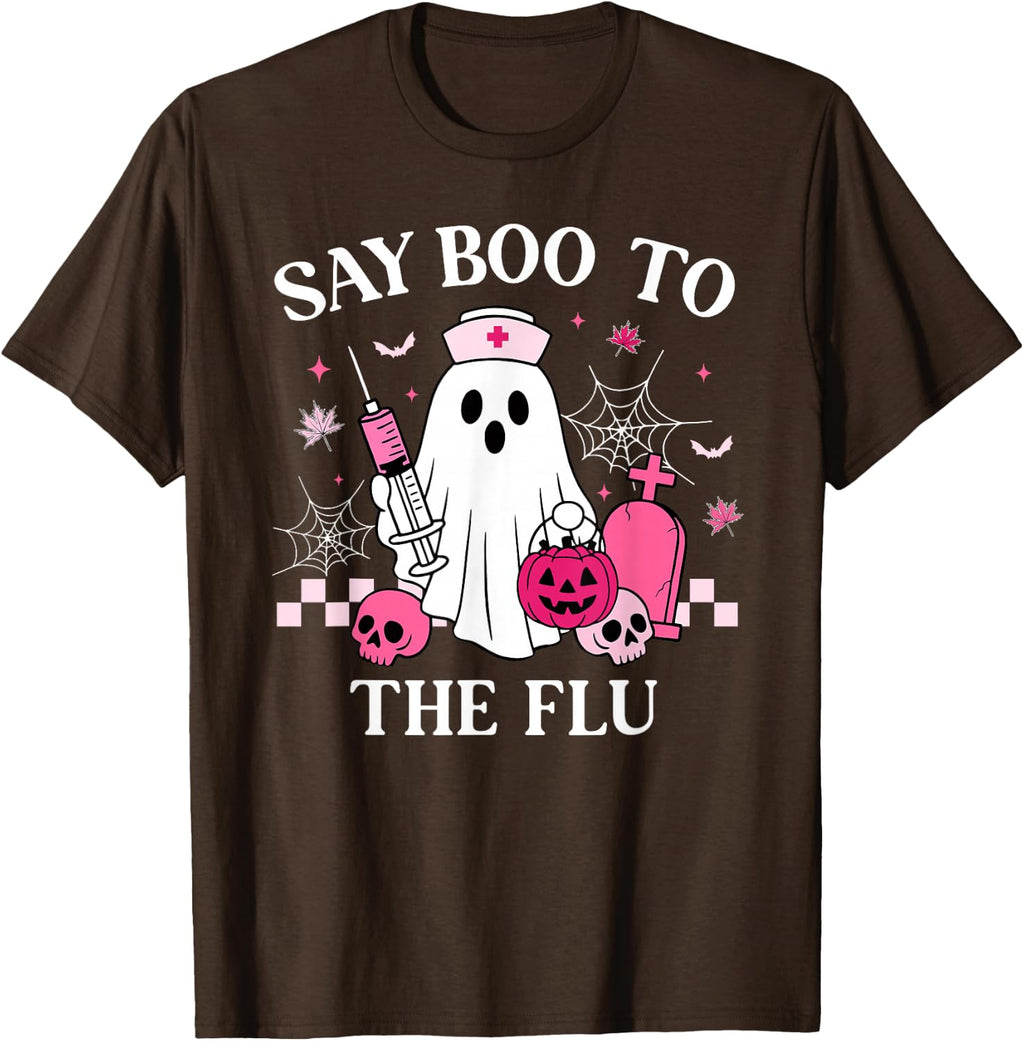 Say Boo to The Flu Funny Nurse Ghost Halloween Vaccine T-Shirt