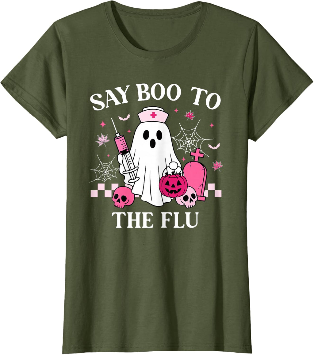 Say Boo to The Flu Funny Nurse Ghost Halloween Vaccine T-Shirt