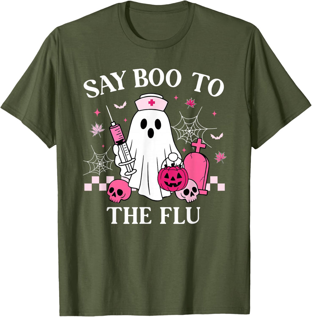 Say Boo to The Flu Funny Nurse Ghost Halloween Vaccine T-Shirt