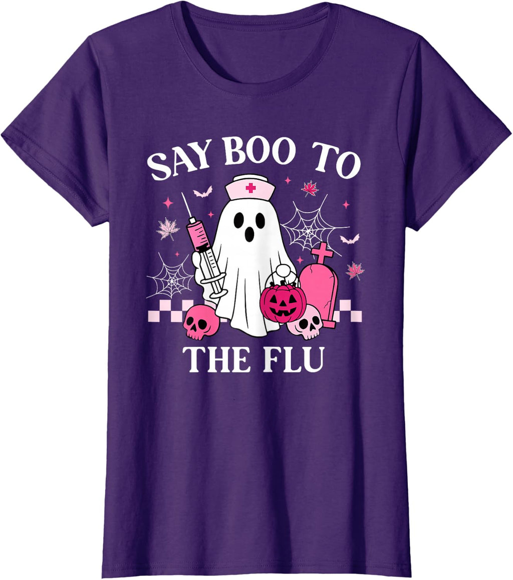 Say Boo to The Flu Funny Nurse Ghost Halloween Vaccine T-Shirt