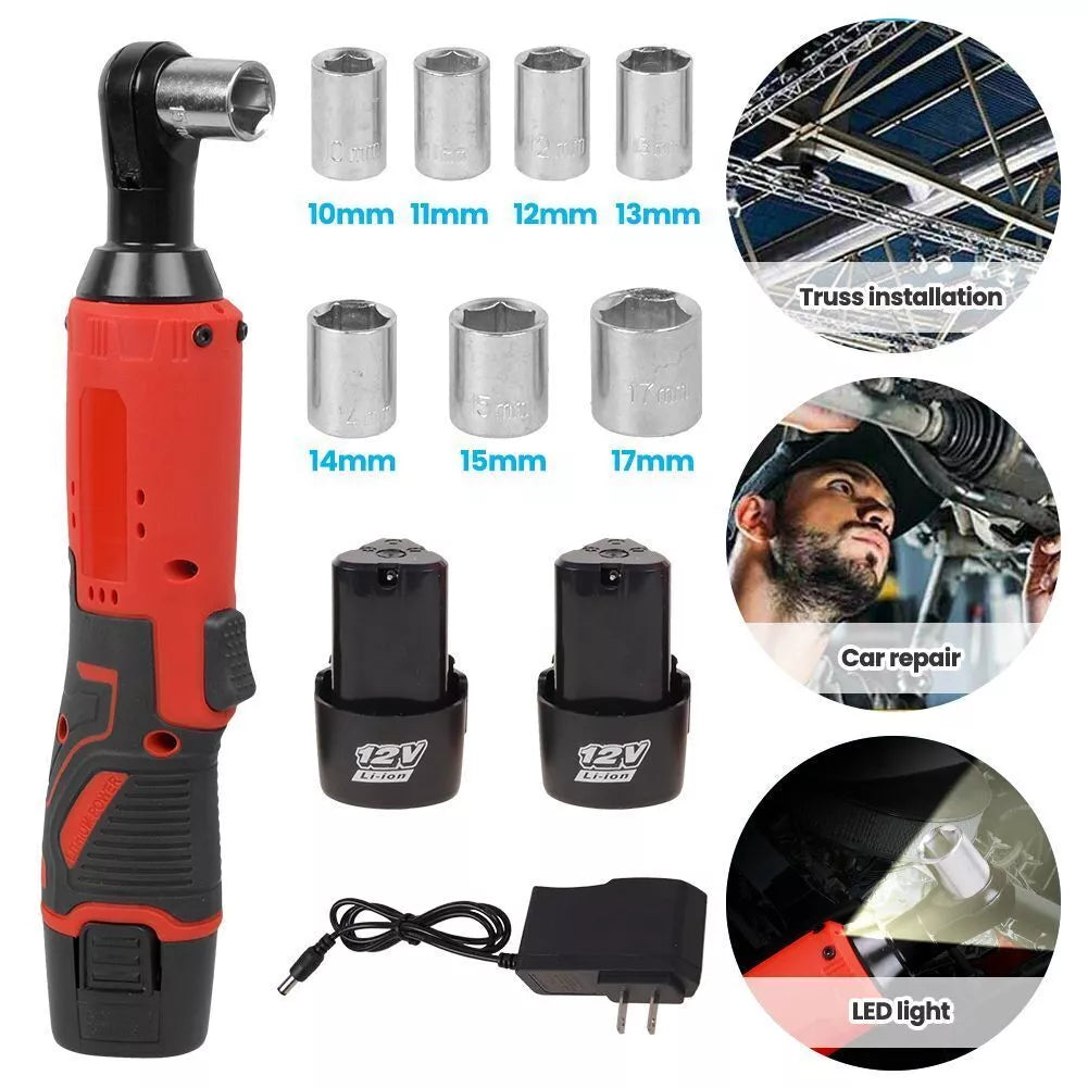 Cordless Electric Ratchet Wrench Set, 12V Power Ratchet Kit 3/8" with 2 Packs Batteries, Included 7 Sockets and Charger, Variable Speed & LED Light