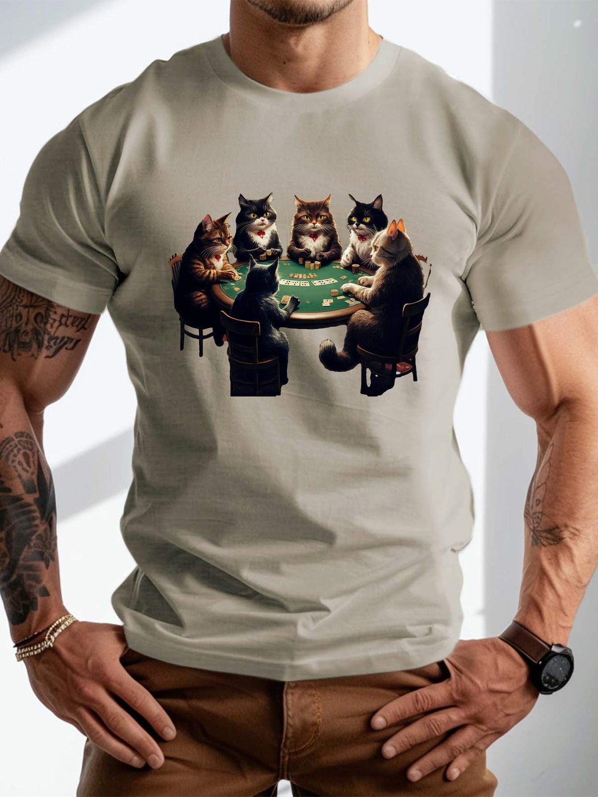 Plus Size Men'S T-Shirt - Playful Anthropomorphic Cats Playing Poker Graphic, Casual Crew Neck, Short Sleeve, Summer Regular Fit Tee, Plus Size Tshirts, PLUS SIZE