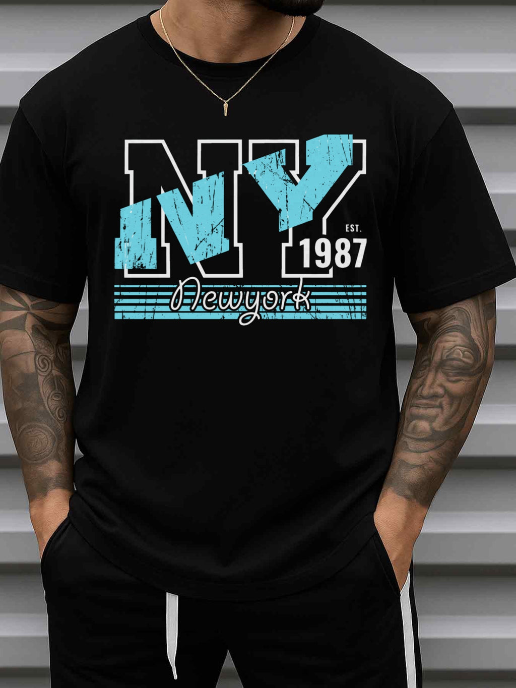 Men's NY 1987 Graphic T-Shirt - 100% Cotton 180GSM Black Tee with NY 1987 Print, Round Neck Short Sleeve Casual Streetwear for Hip-Hop Style, Gym & Casual Attire - Durable All-Season Fit Urban Fashion Top