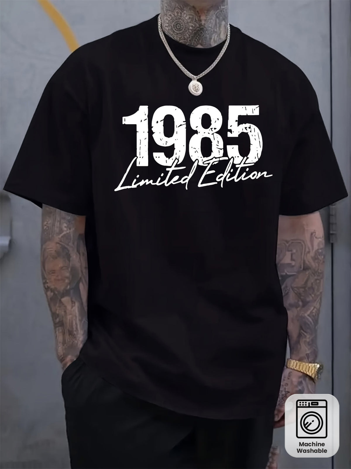 Men's 1985 Limited Edition Retro Oversized T-Shirt - Bold 1985 Number Print Light Gray Crew Neck Short Sleeve Tee, Machine Washable Vintage Shirt Suitable for Birth Year Merchandise & Everyday Casual Wear, Year-Round Top, PLUS SIZE