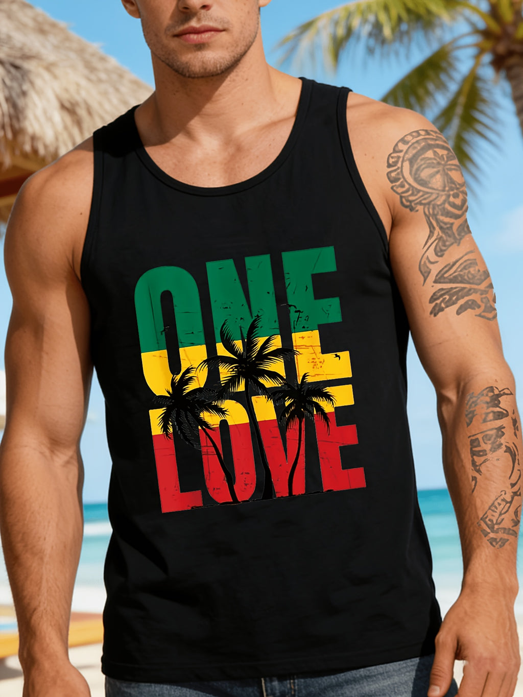A Men'S Sleeveless Beach Print Round Neck Top, Suitable for Casual Vacations And Sports Workouts, Machine Washable