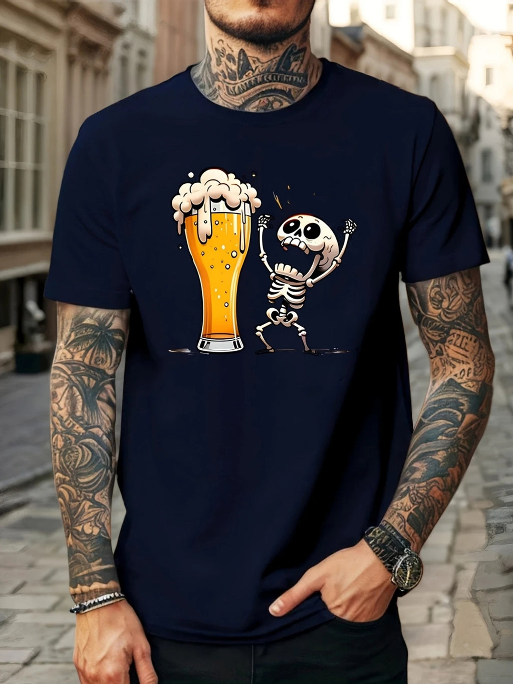 Men's Casual Graphic T-Shirt - Humorous Skeleton Beer Mug Print, Breathable Quick-Dry Fabric, Regular Fit Round Neck Tee for Summer Outdoor Activities & Social Gatherings, Easycare Clothing