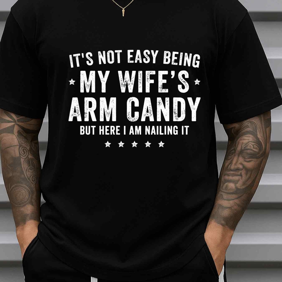Easy Wife'S Arm Candy Funny Humor T-Shirt | 180G 100% Black, Weekend Casual Wear, All-Season Fitness Top, Stylish and Sporty Look, Durable Activewear, Vintage Funny Humor Christmas Gifts, Crew Neck, Short Sleeve, Regular Fit