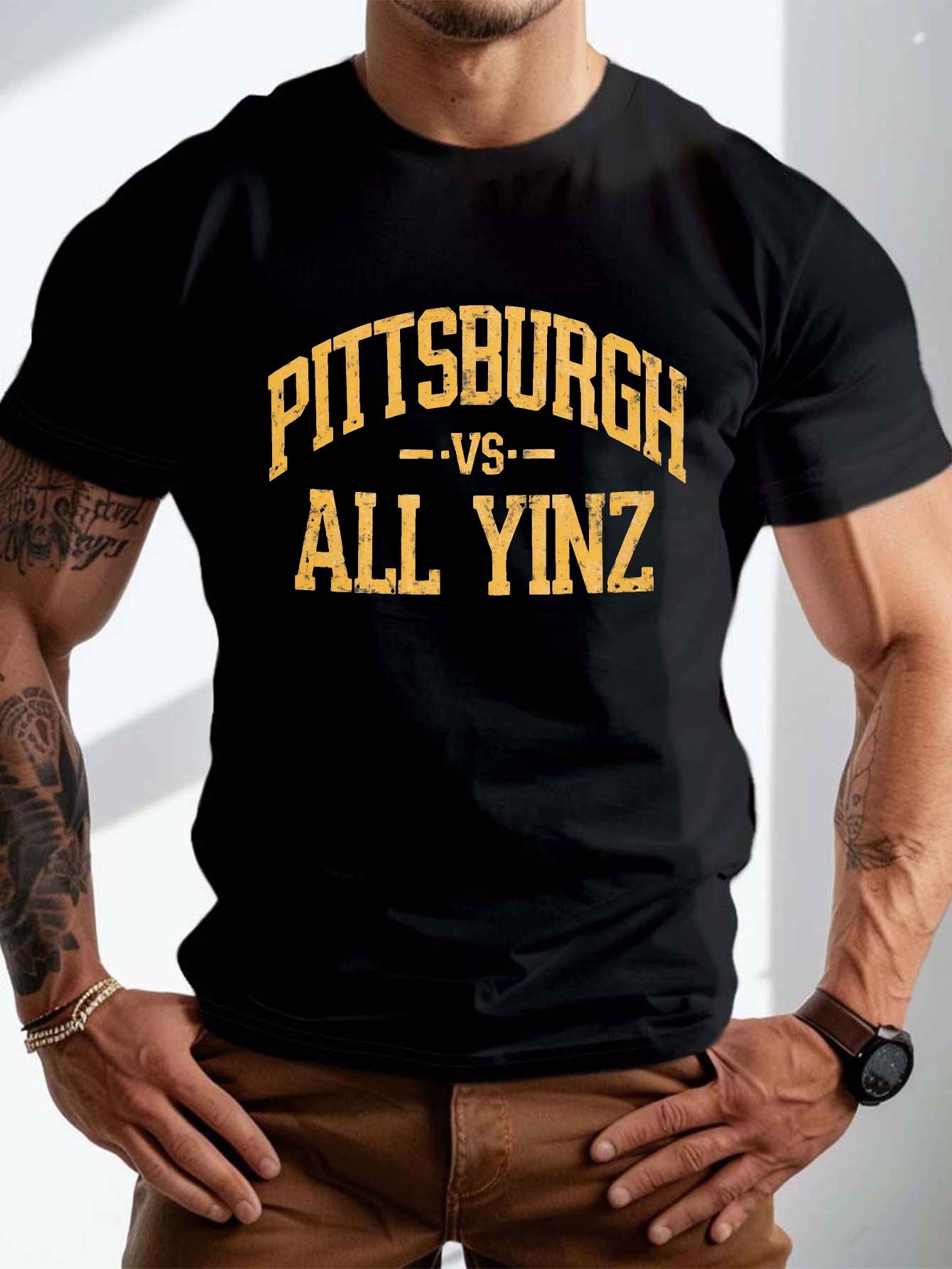 DO IT PITTSBURGH ALL YINZ Crinkle T-Shirt for Men - Plus Size Casual Summer Shirt with Pittsburgh Slang, Round Neck & Crinkle Texture, Machine Washable Urban Streetwear, PLUS SIZE