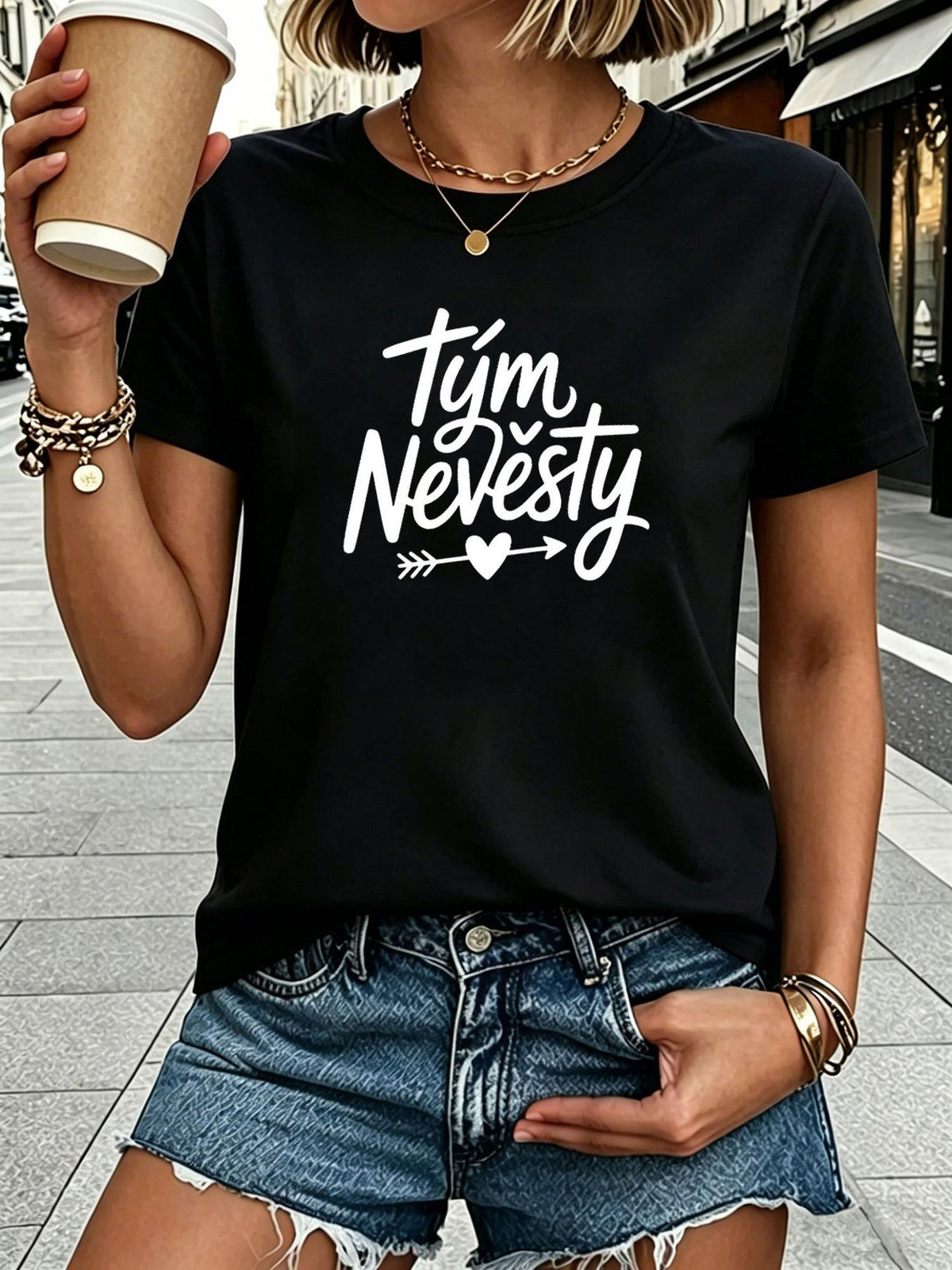 - - Slovak Bride'S Team Wedding Letter Print Women'S T-Shirt, Short Sleeve Crew Neck Casual Top for Summer And Spring, Women'S Clothing